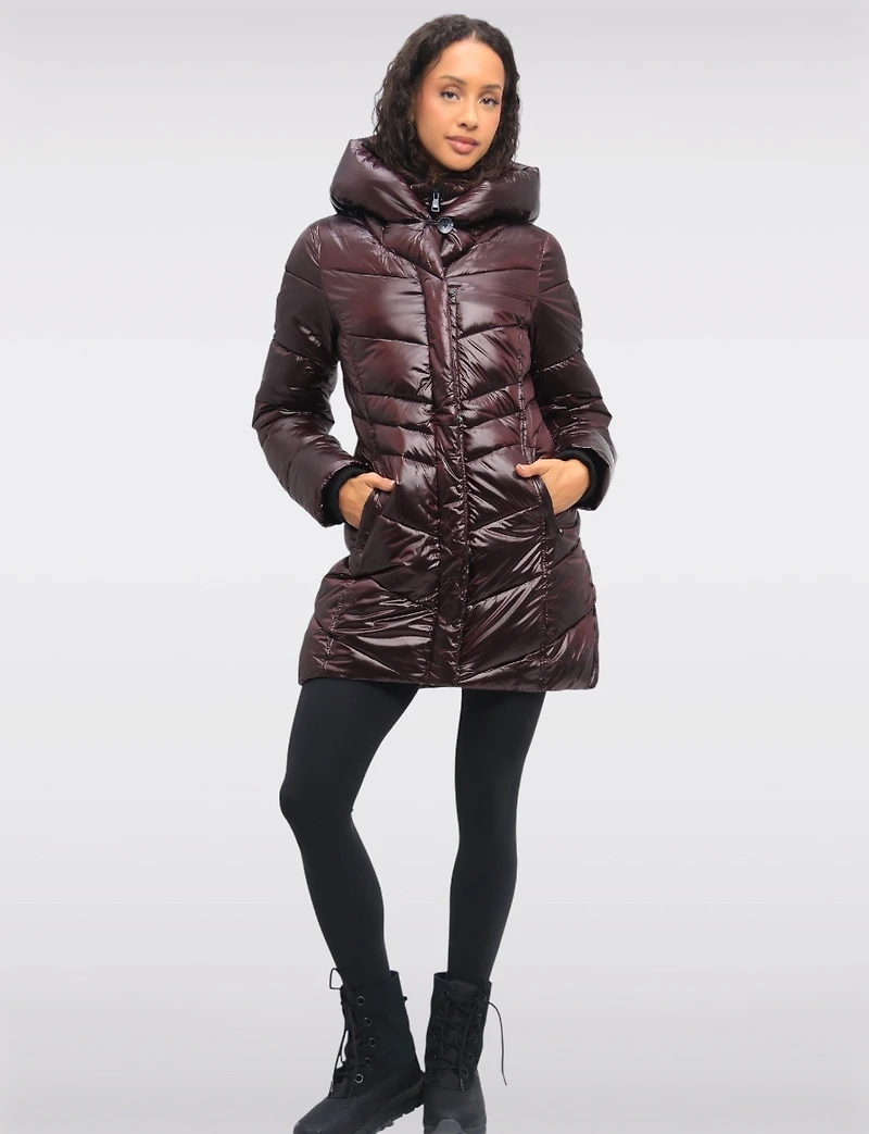 Mid-Length Vegan Glossy Puffer Coat with Attached Pillow Hood by Point Zero