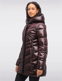 Mid-Length Vegan Glossy Puffer Coat with Attached Pillow Hood by Point Zero