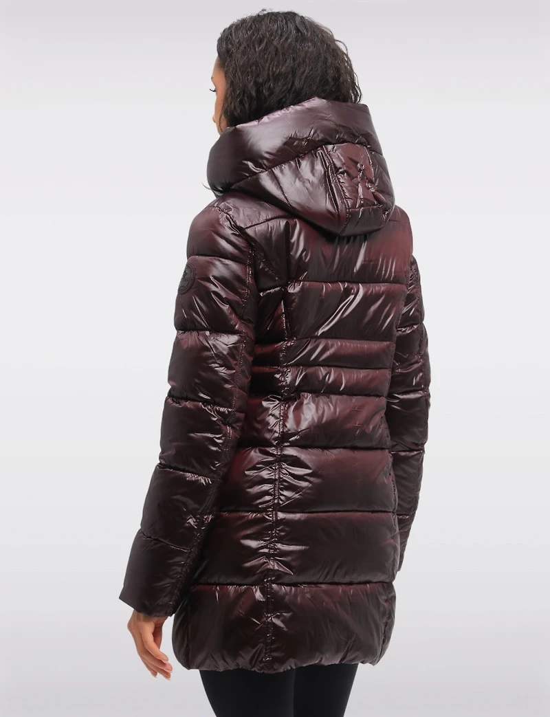 Mid-Length Vegan Glossy Puffer Coat with Attached Pillow Hood by Point Zero