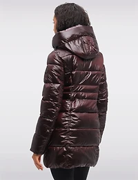 Mid-Length Vegan Glossy Puffer Coat with Attached Pillow Hood by Point Zero