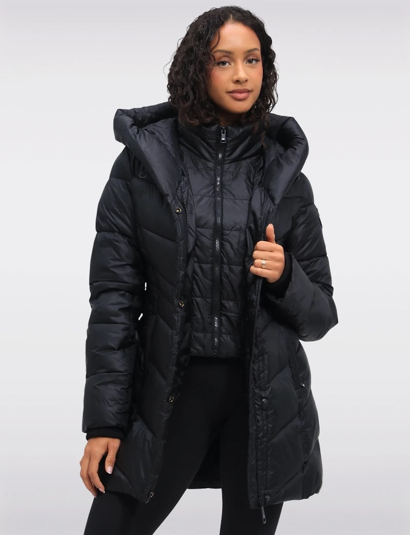 Mid-Length Vegan Glossy Puffer Coat with Attached Pillow Hood by Point Zero