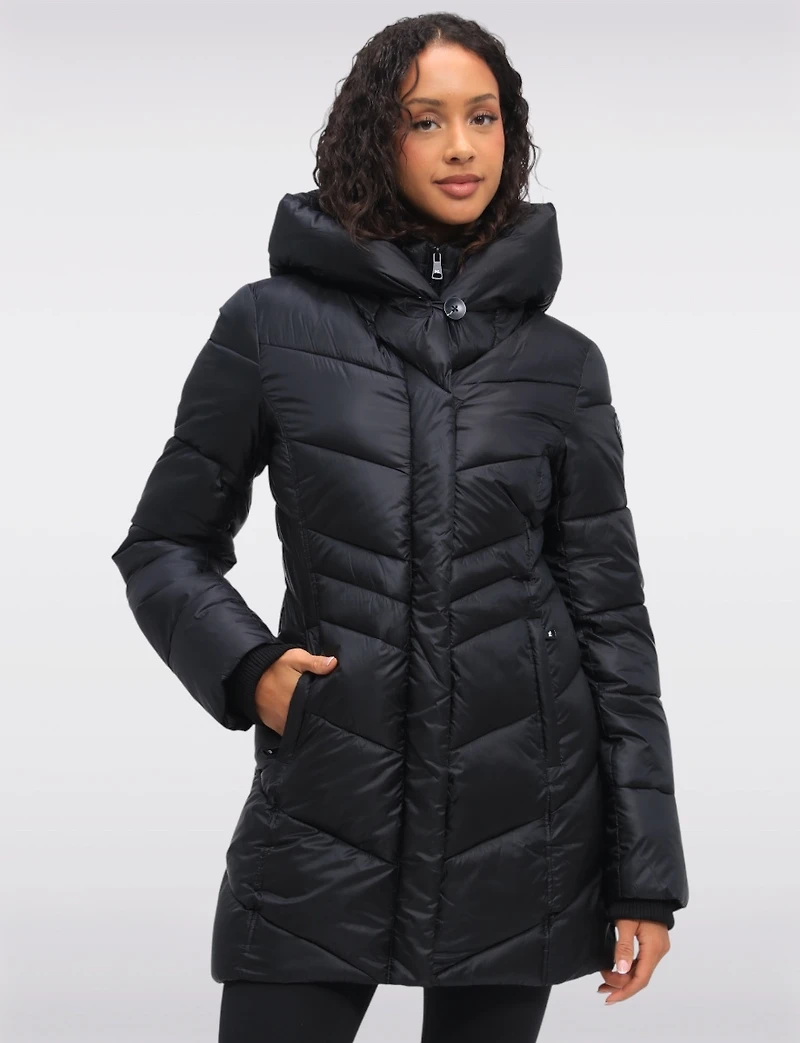 Mid-Length Vegan Glossy Puffer Coat with Attached Pillow Hood by Point Zero