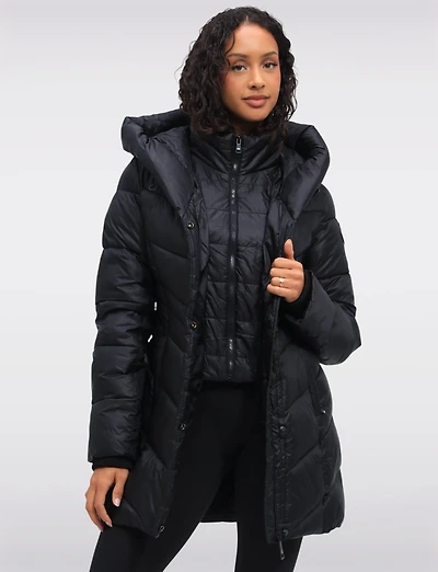 Mid-Length Vegan Glossy Puffer Coat with Attached Pillow Hood by Point Zero