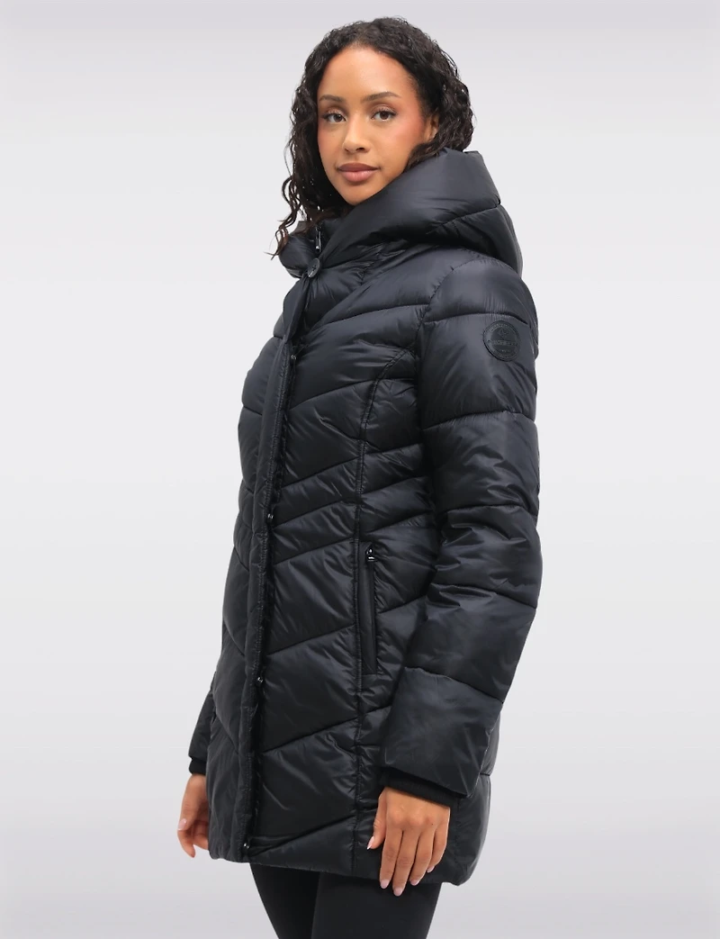 Mid-Length Vegan Glossy Puffer Coat with Attached Pillow Hood by Point Zero