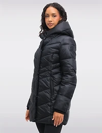 Mid-Length Vegan Glossy Puffer Coat with Attached Pillow Hood by Point Zero