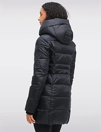 Mid-Length Vegan Glossy Puffer Coat with Attached Pillow Hood by Point Zero