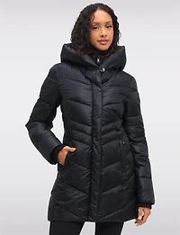 Mid-Length Vegan Glossy Puffer Coat with Attached Pillow Hood by Point Zero