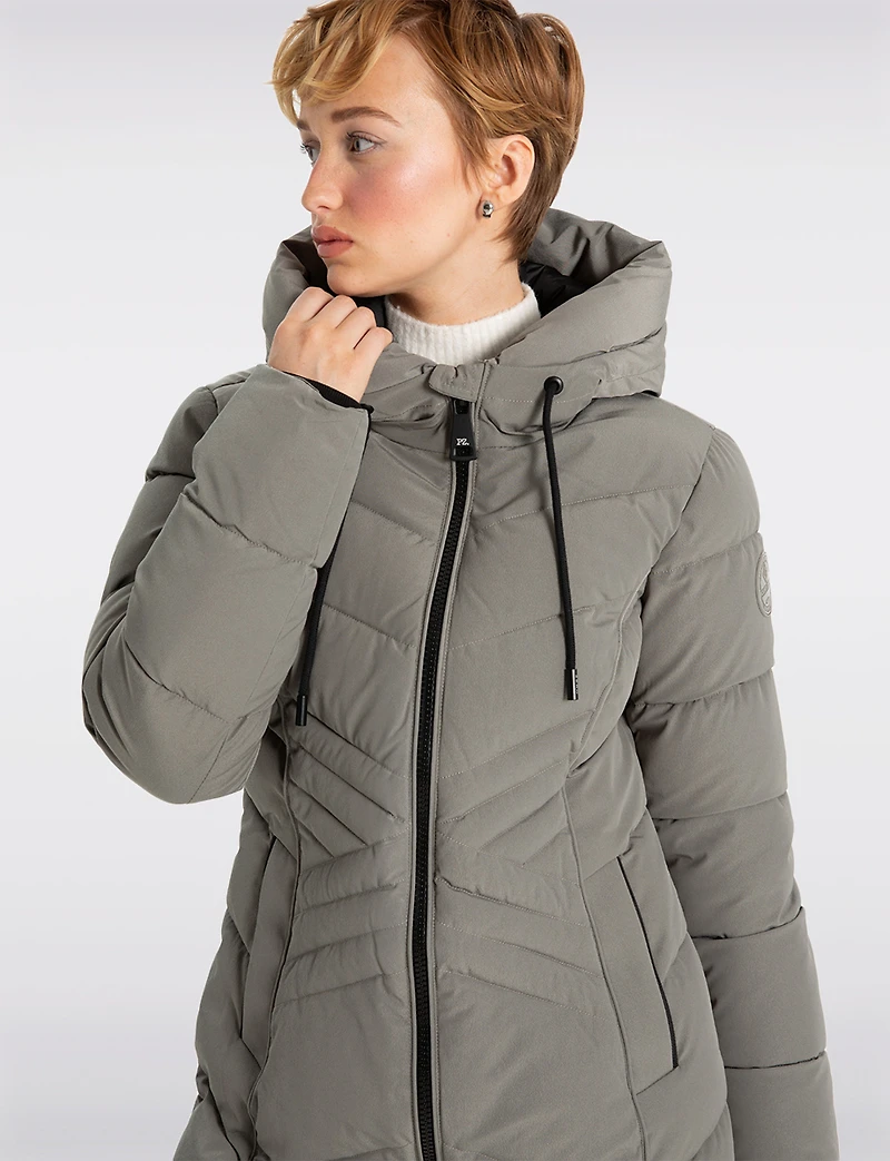 Slim Fit Vegan Long Matte Maxi Puffer Coat with Attached Hood by Point Zero