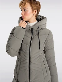 Slim Fit Vegan Long Matte Maxi Puffer Coat with Attached Hood by Point Zero