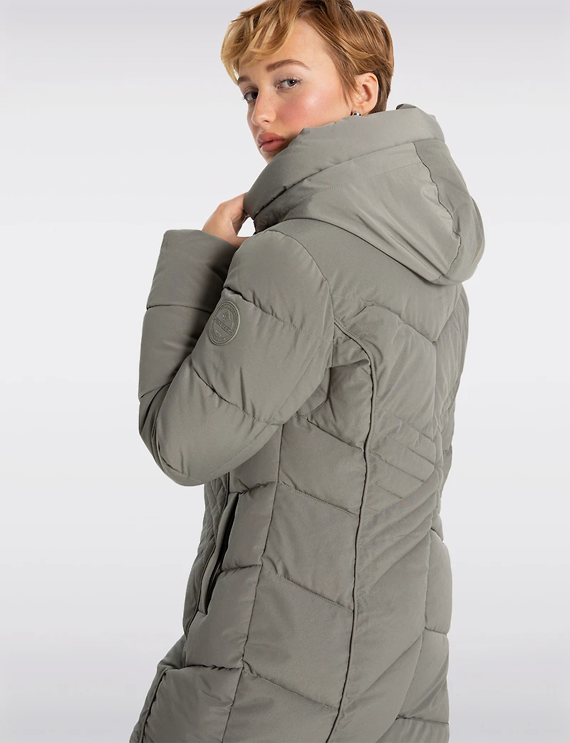 Slim Fit Vegan Long Matte Maxi Puffer Coat with Attached Hood by Point Zero