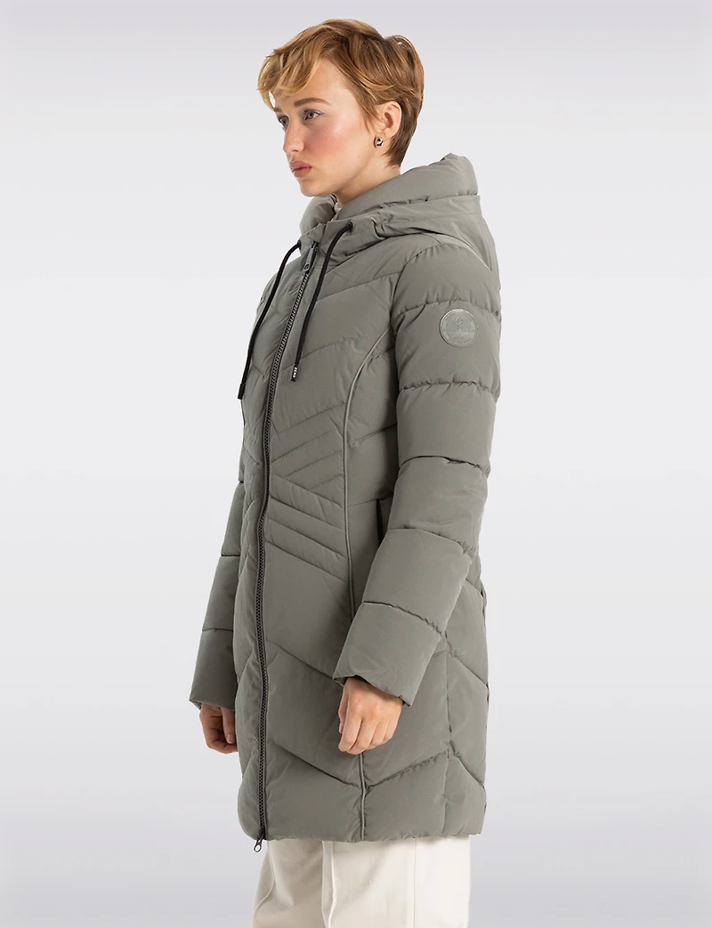 Slim Fit Vegan Long Matte Maxi Puffer Coat with Attached Hood by Point Zero