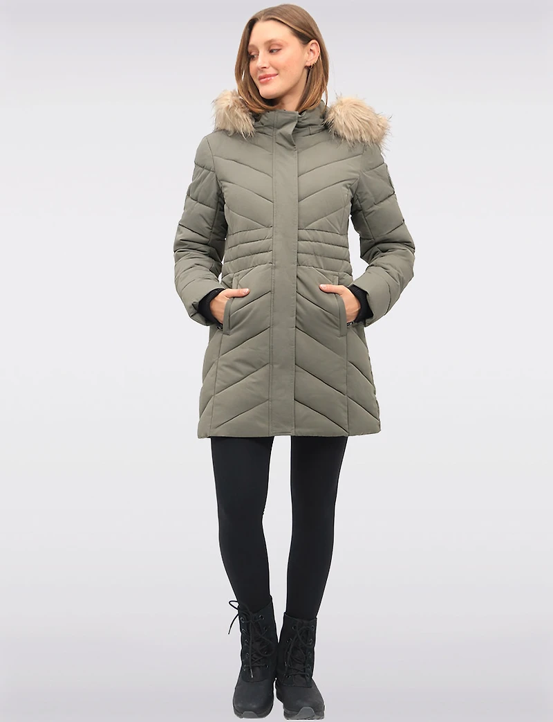 Vegan Long Chevron Puffer Jacket Faux Fur Trimmed Removable Hood by Point Zero