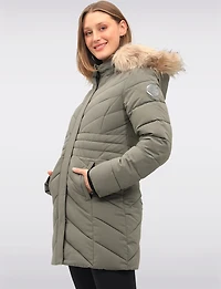 Vegan Long Chevron Puffer Jacket Faux Fur Trimmed Removable Hood by Point Zero
