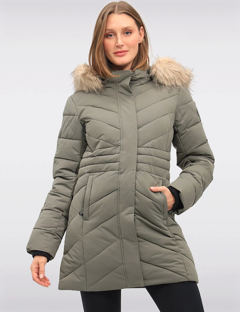 Vegan Long Chevron Puffer Jacket Faux Fur Trimmed Removable Hood by Point Zero