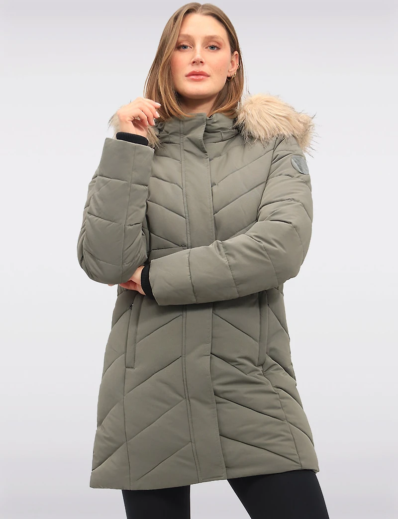 Vegan Long Chevron Puffer Jacket Faux Fur Trimmed Removable Hood by Point Zero