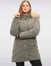 Vegan Long Chevron Puffer Jacket Faux Fur Trimmed Removable Hood by Point Zero