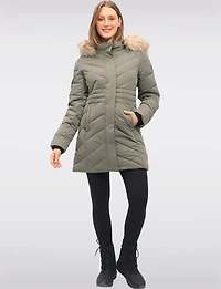 Vegan Long Chevron Puffer Jacket Faux Fur Trimmed Removable Hood by Point Zero