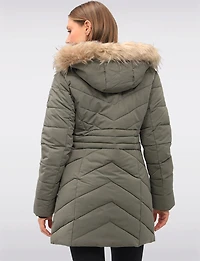 Vegan Long Chevron Puffer Jacket Faux Fur Trimmed Removable Hood by Point Zero