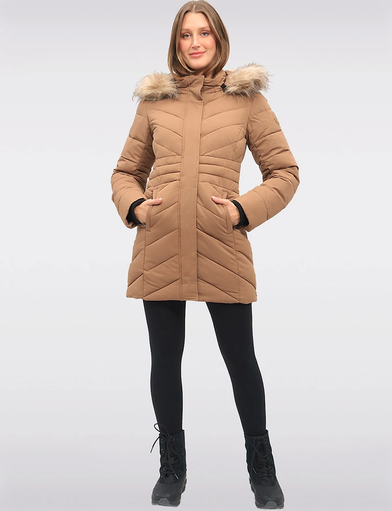 Vegan Long Chevron Puffer Jacket Faux Fur Trimmed Removable Hood by Point Zero