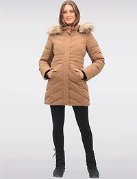 Vegan Long Chevron Puffer Jacket Faux Fur Trimmed Removable Hood by Point Zero