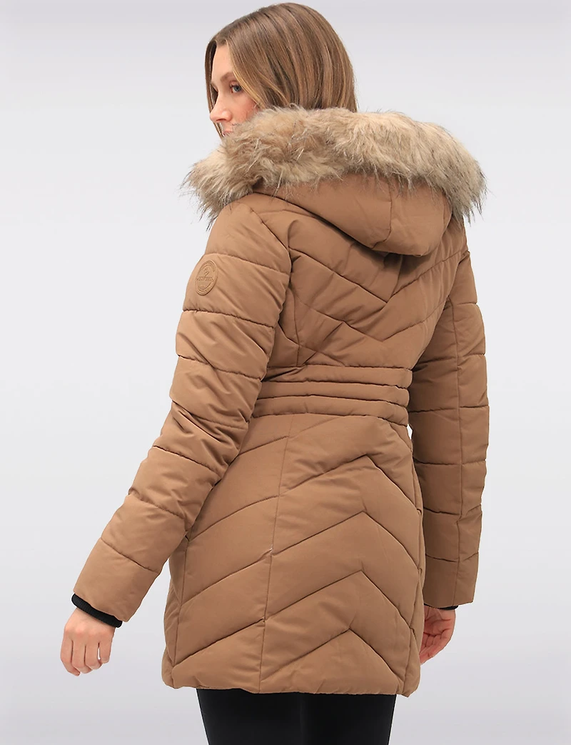 Vegan Long Chevron Puffer Jacket Faux Fur Trimmed Removable Hood by Point Zero