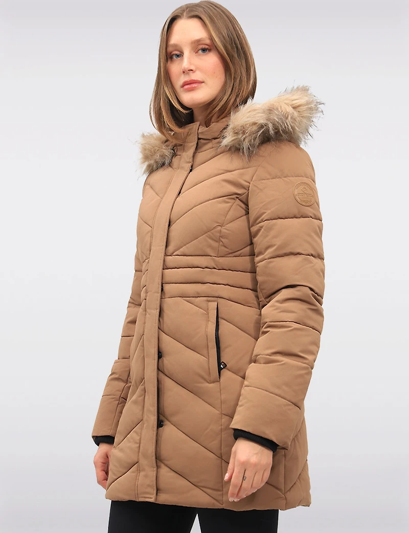 Vegan Long Chevron Puffer Jacket Faux Fur Trimmed Removable Hood by Point Zero