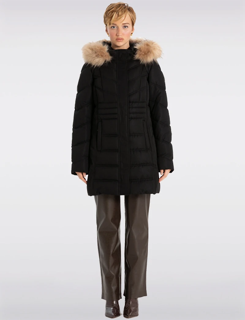 Vegan Long Puffer Jacket with Faux Fur Trimmed Removable Hood by Point Zero