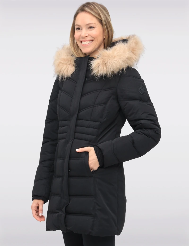 Vegan Long Puffer Jacket with Faux Fur Trimmed Removable Hood by Point Zero