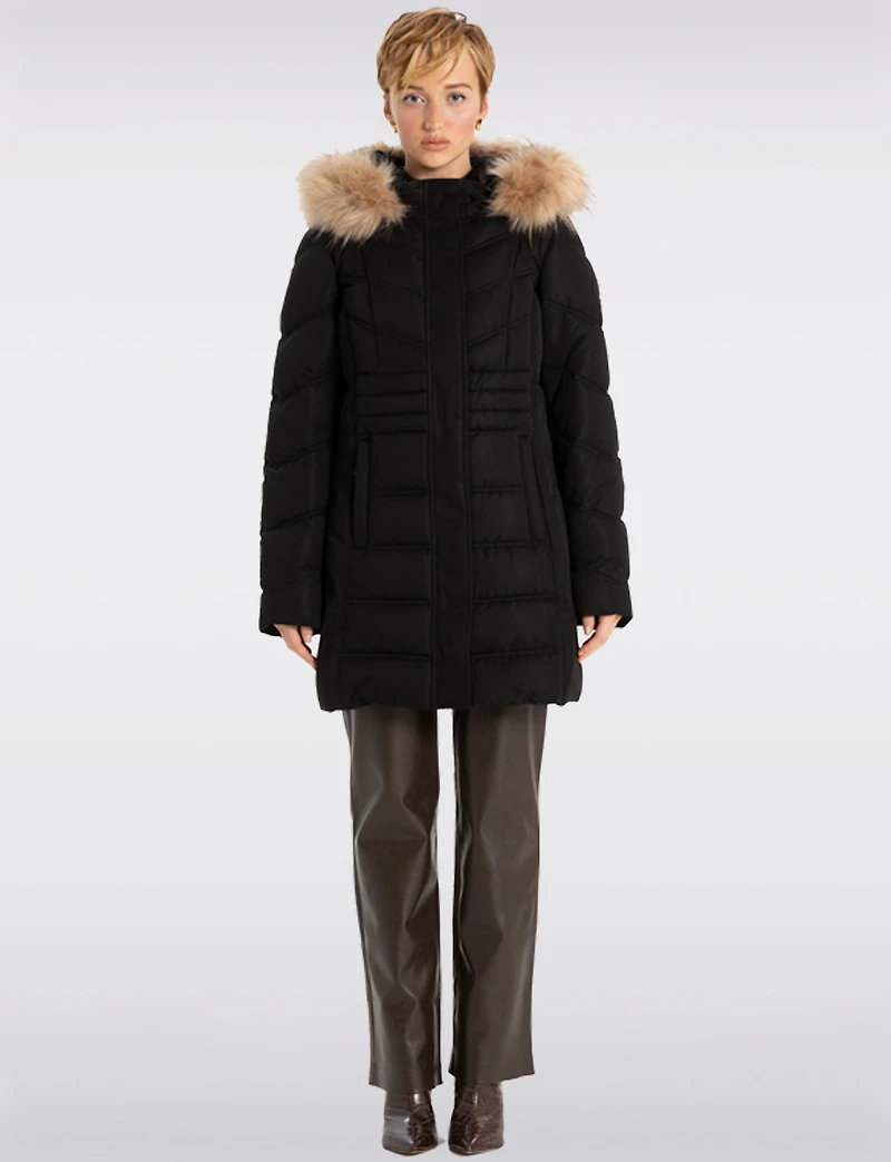 Vegan Long Puffer Jacket with Faux Fur Trimmed Removable Hood by Point Zero
