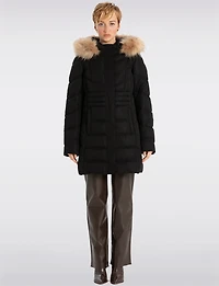 Vegan Long Puffer Jacket with Faux Fur Trimmed Removable Hood by Point Zero