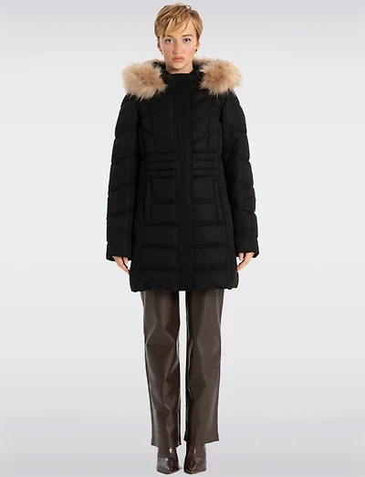 Vegan Long Puffer Jacket with Faux Fur Trimmed Removable Hood by Point Zero