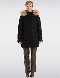 Vegan Long Puffer Jacket with Faux Fur Trimmed Removable Hood by Point Zero