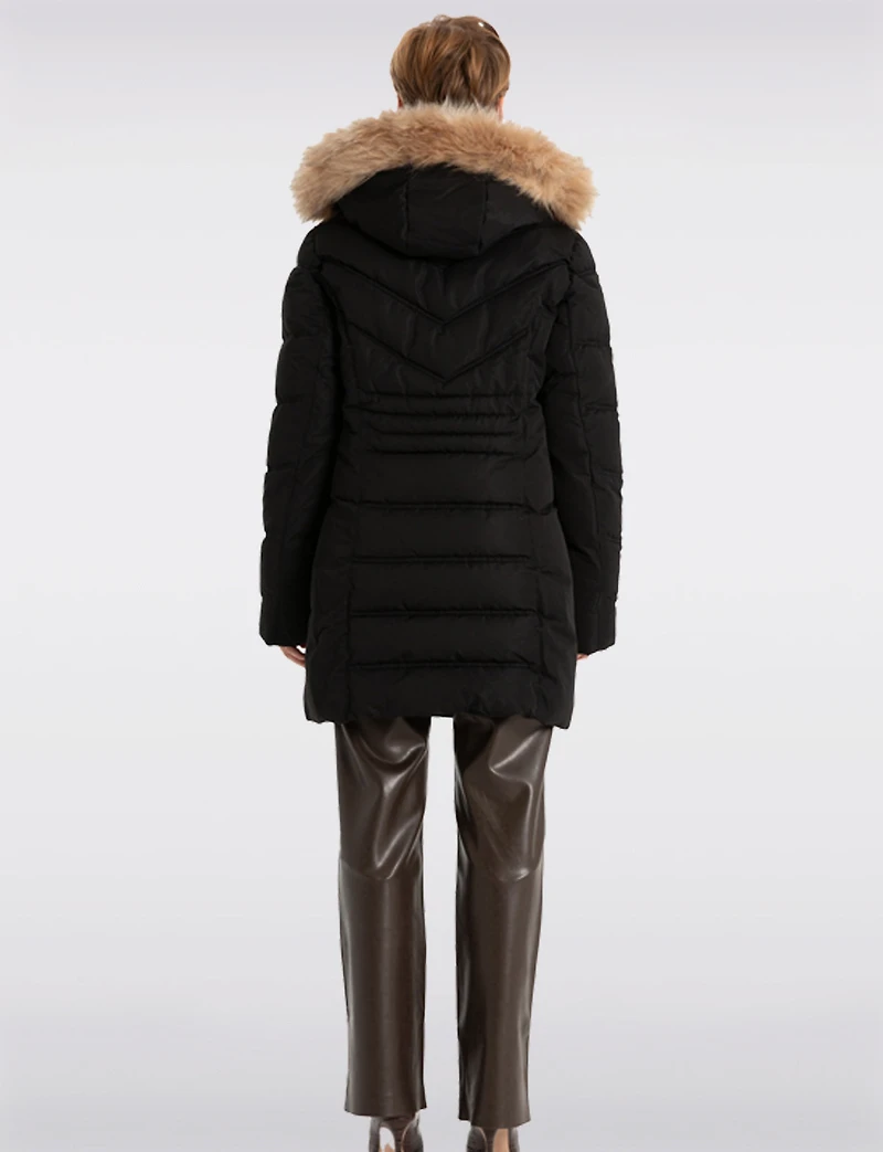 Vegan Long Puffer Jacket with Faux Fur Trimmed Removable Hood by Point Zero