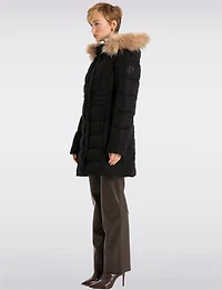 Vegan Long Puffer Jacket with Faux Fur Trimmed Removable Hood by Point Zero