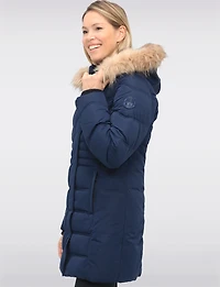 Vegan Long Puffer Jacket with Faux Fur Trimmed Removable Hood by Point Zero