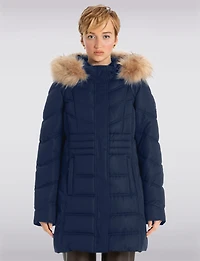 Vegan Long Puffer Jacket with Faux Fur Trimmed Removable Hood by Point Zero