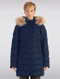 Vegan Long Puffer Jacket with Faux Fur Trimmed Removable Hood by Point Zero