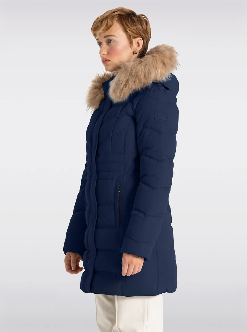 Vegan Long Puffer Jacket with Faux Fur Trimmed Removable Hood by Point Zero