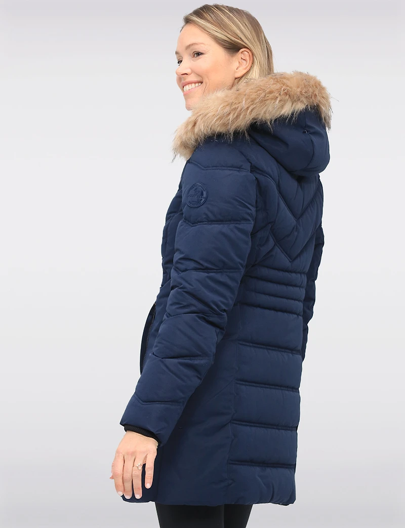 Vegan Long Puffer Jacket with Faux Fur Trimmed Removable Hood by Point Zero