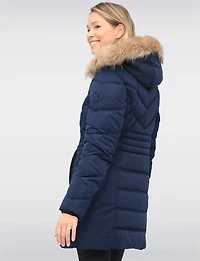 Vegan Long Puffer Jacket with Faux Fur Trimmed Removable Hood by Point Zero