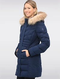 Vegan Long Puffer Jacket with Faux Fur Trimmed Removable Hood by Point Zero