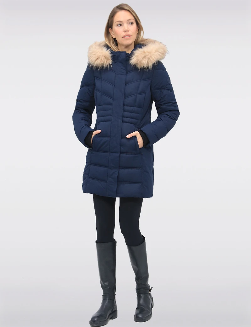 Vegan Long Puffer Jacket with Faux Fur Trimmed Removable Hood by Point Zero
