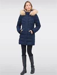 Vegan Long Puffer Jacket with Faux Fur Trimmed Removable Hood by Point Zero