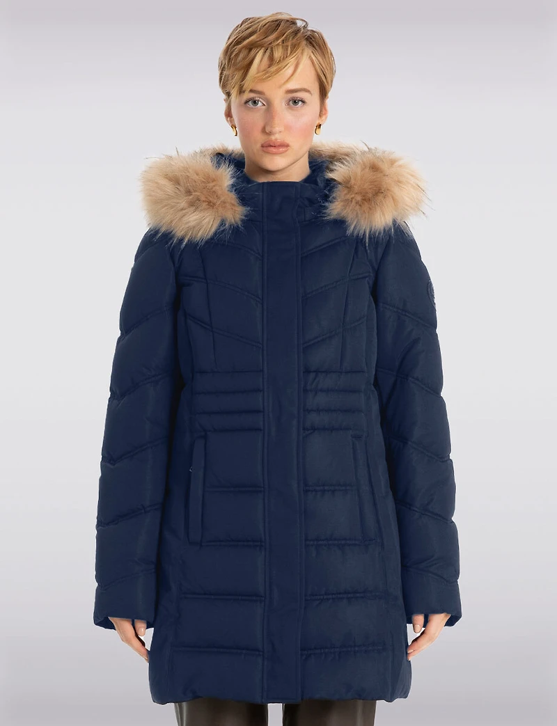Vegan Long Puffer Jacket with Faux Fur Trimmed Removable Hood by Point Zero