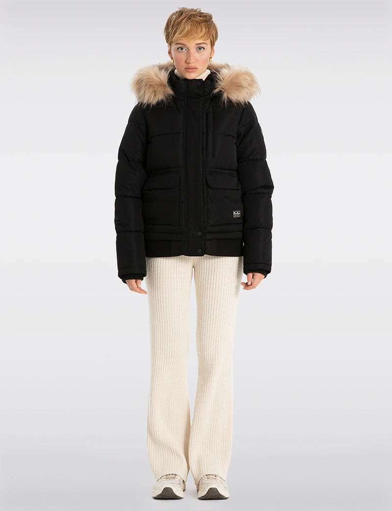 Sustainable Zip-Off Hooded Puffer Bomber with Faux Fur Trim Detail by Point Zero