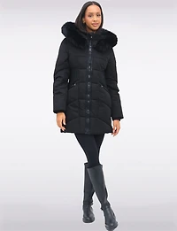 Eco-Down Faux Fur Trim Hooded Puffer Vegan Leather Waist Detail by Point Zero