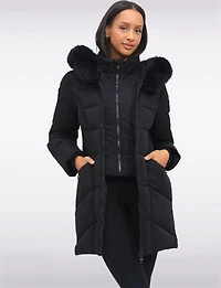 Eco-Down Faux Fur Trim Hooded Puffer Vegan Leather Waist Detail by Point Zero