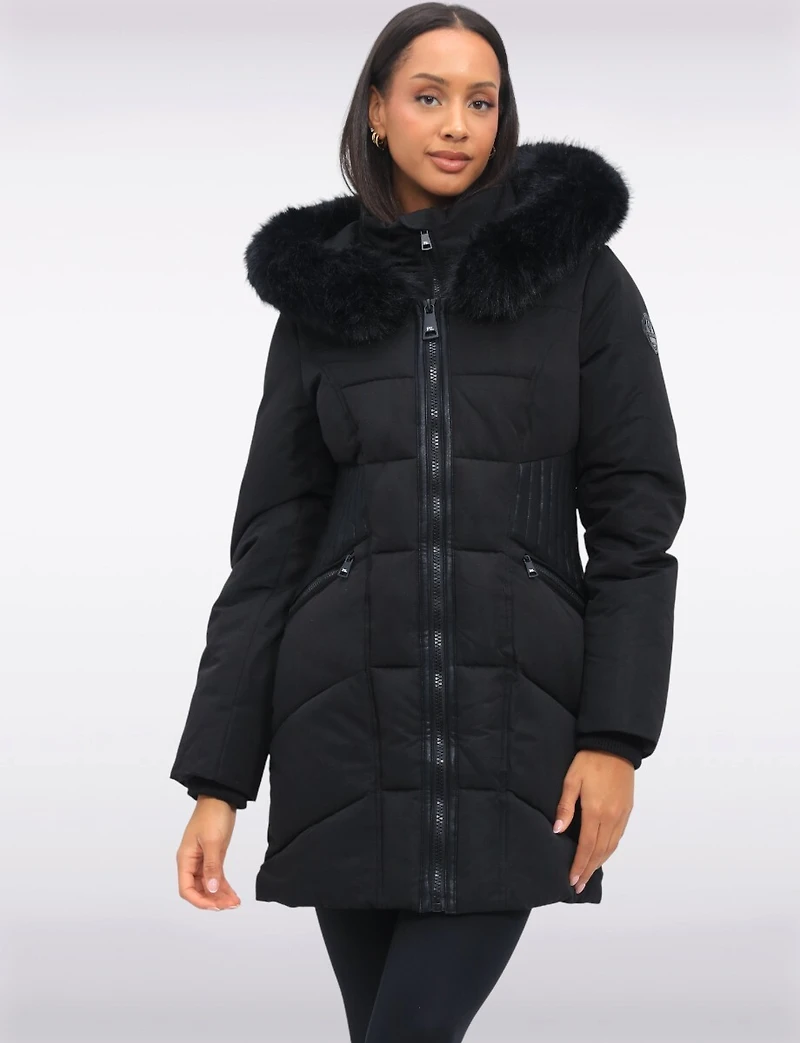 Eco-Down Faux Fur Trim Hooded Puffer Vegan Leather Waist Detail by Point Zero