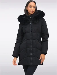 Eco-Down Faux Fur Trim Hooded Puffer Vegan Leather Waist Detail by Point Zero