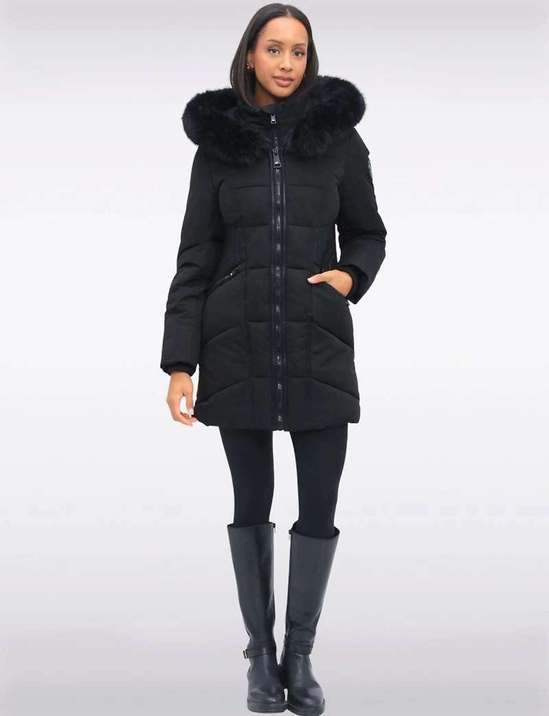 Eco-Down Faux Fur Trim Hooded Puffer Vegan Leather Waist Detail by Point Zero